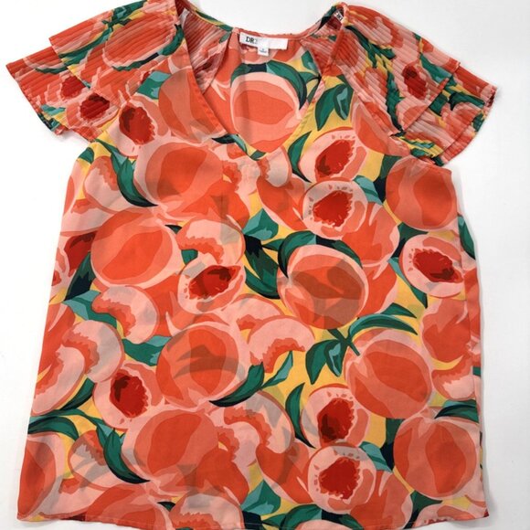 Anthropologie DR2 Womens Blouse Small Orange Tropical Floral Top Flutter Pleat - Picture 1 of 9
